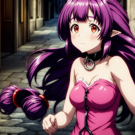 Ultra Quality, Shiny Skin, Atmospheric, 8K, Cinematic, ((Street background)), BREAK, ((short purple 2bangs Hair)) narrowed black eyes, long black dress, fingers crossed, Sunglasses