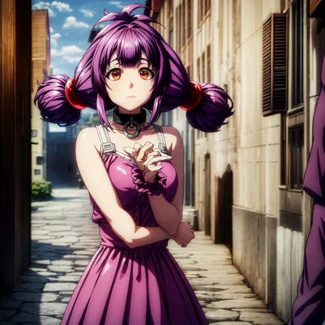 Ultra Quality, Shiny Skin, Atmospheric, 8K, Cinematic, ((Street background)), BREAK, ((short purple 2bangs Hair)) narrowed black eyes, long black dress, fingers crossed, Sunglasses