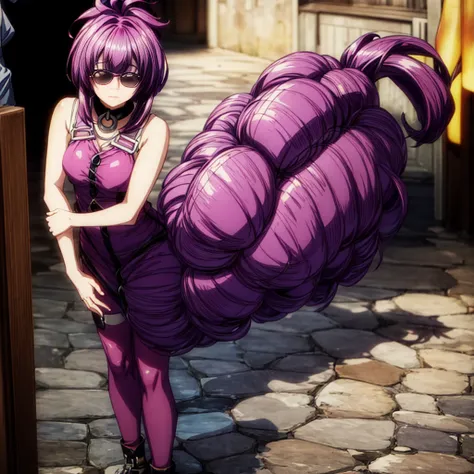 Ultra Quality, Shiny Skin, Atmospheric, 8K, Cinematic, ((Street background)), BREAK, ((short purple 2bangs Hair)) narrowed black eyes, long black dress, fingers crossed, Sunglasses