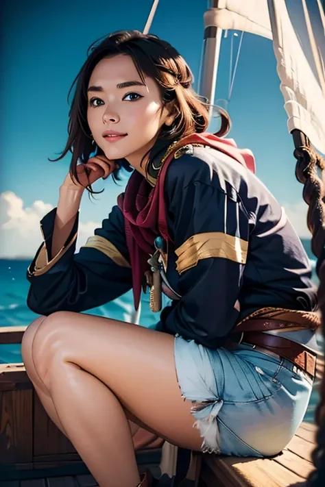 （Highest quality), (High detail), (Vibrant colors), (One girl), A cute female pirate sailing the high seas, High resolution, 4K, Head to Knee,