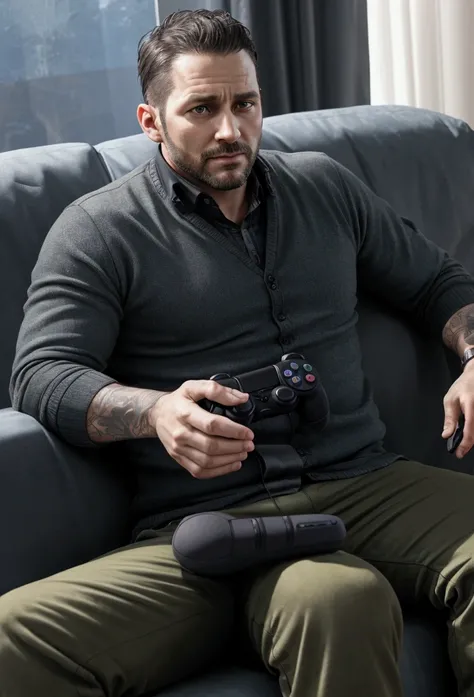 38 year old man sitting on the sofa with a PS4 video game controller in his hand playing Call of Duty