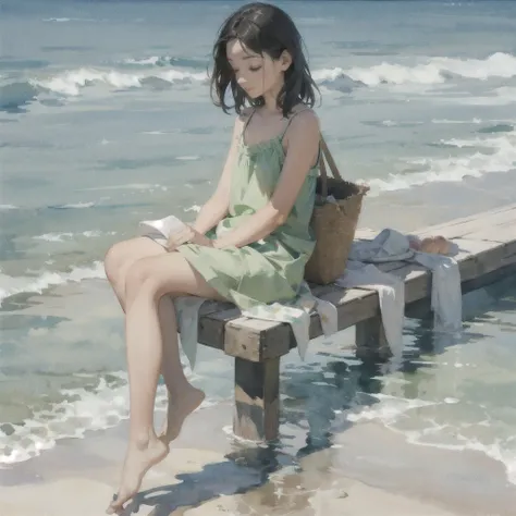 Tranquil voyager girl, in watercolor style, Photorealism, discreet peach and mint shades, barefoot