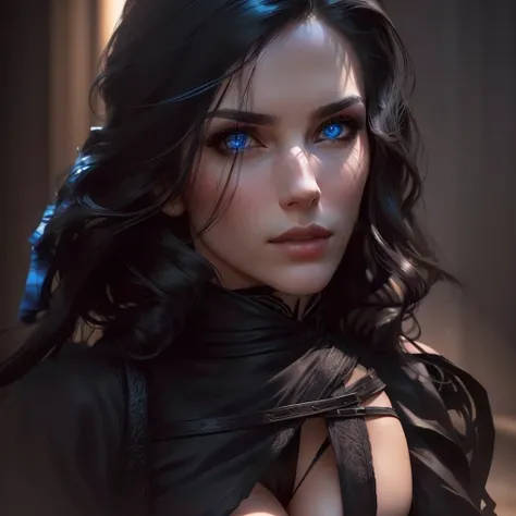 The image of a woman who has violet eyes and dark hair. Her gaze is directed towards shipping. She wears a sexy black sorceress outfit that shows off her large, sexy breasts and contrasts sharply with her skinny, sexy breasts. The background is minimalist,...