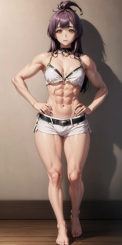 Scenary: Plain background Character: Solo Female: Body, full body toe to head: Tall and slim with an hourglass figure Toned and muscular physique Slender abs Perfect anatomy (hands on hips, good hands, best hands)