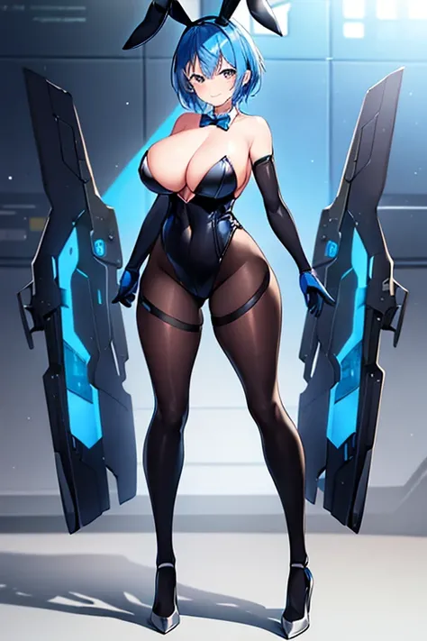 1girl, blue hair, large breasts, bunny ears, rabbit ears, wide hips, bodysuit, black bodysuit, short hair, very short hair, science-fiction, tech, futuristic, machinery, full body, ((full body)), smile, light smile