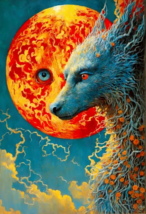 mythical creatures, author：zdzislaw beksiński and vincent van gogh, red moon and big eyeucha