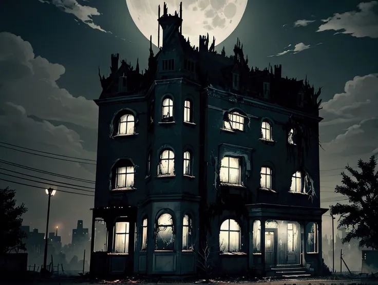 "Create an image of a sinister, haunted hotel. The building is old and decrepit, with cracked walls, broken windows, and an overall eerie, abandoned look. Dim, flickering lights can be seen through some of the windows, casting long, menacing shadows. The h...