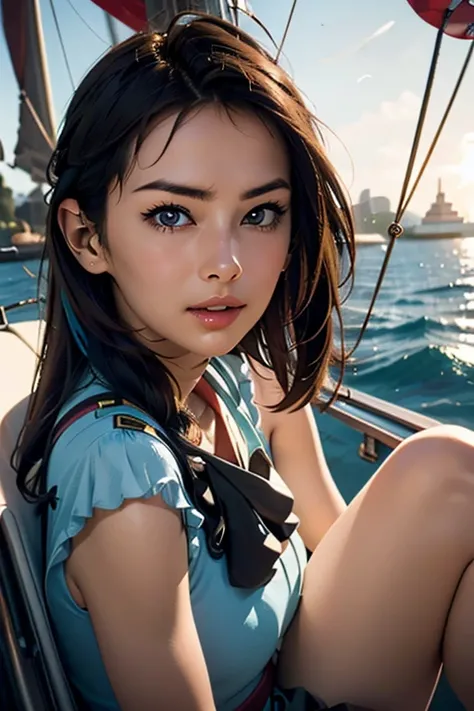 （Highest quality), (High detail), (Vibrant colors), (One girl), A cute female pirate sailing the high seas, High resolution, 4K, Head to Knee,