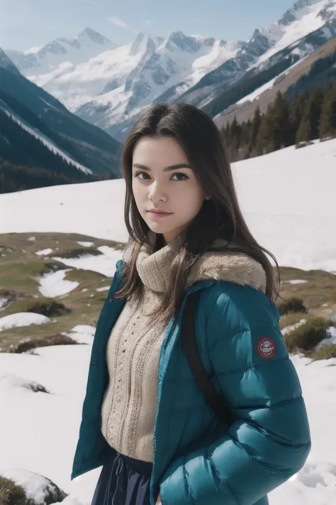 realistic photo of beautiful brunette woman standing in the snowy mountains with colorful, perfect lighting. shot with leica sum...