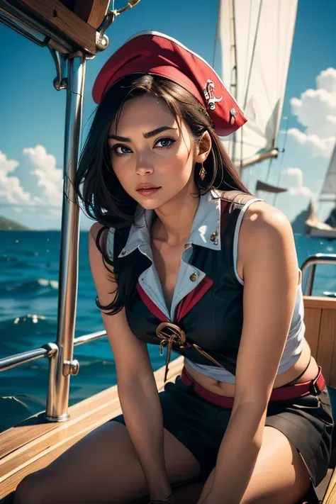 （Highest quality), (High detail), (Vibrant colors), (One girl), A cute female pirate sailing the high seas, High resolution, 4K, Head to Knee,