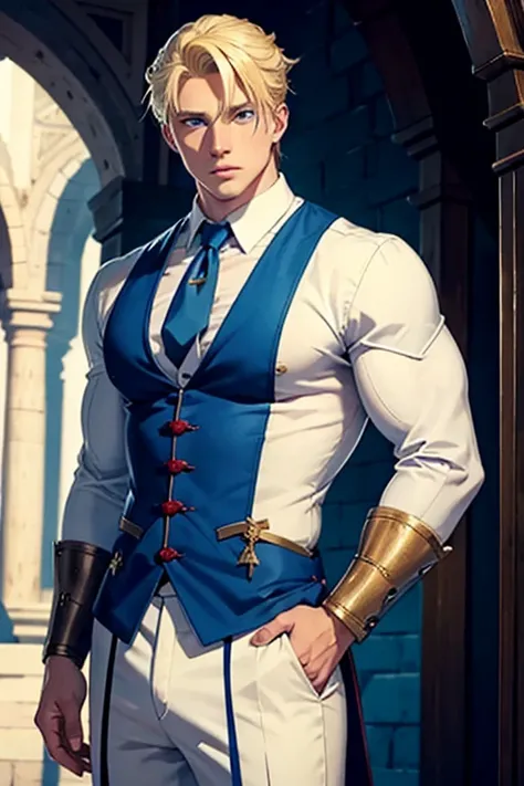 blonde man with blue eyes,muscular and well dressed in medieval clothes,apparently rich