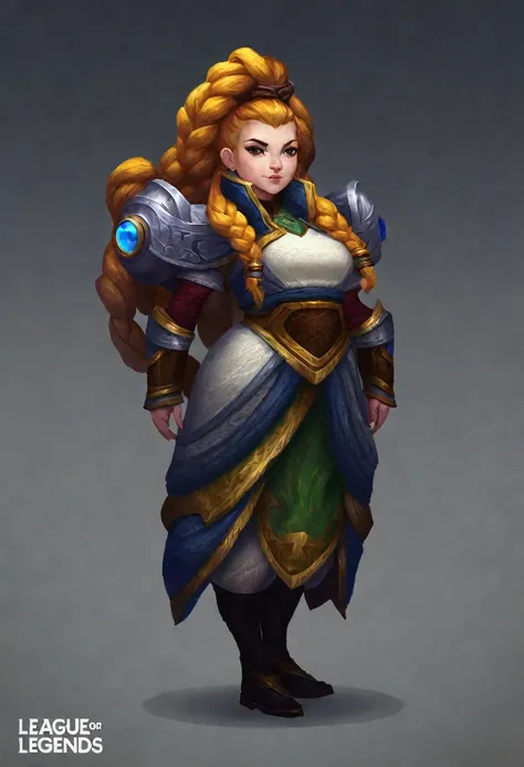 (((masterwork, best quality))), full body shot,  League of Legends, female dwarf with long braided hair