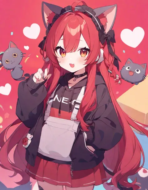 cute, , red long hair, outfit random, cute look
,neko ears and neko tail