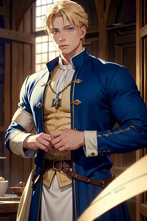 blonde man with blue eyes,muscular and well dressed in medieval clothes,apparently rich