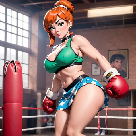 Wilma Flintstone, exposed big  tits, exposed big ass, thick juicy thighs, tight tiny  mini skirt, tight pushup bra,  boxing gloves, flirty naughty posing.  35 years of age