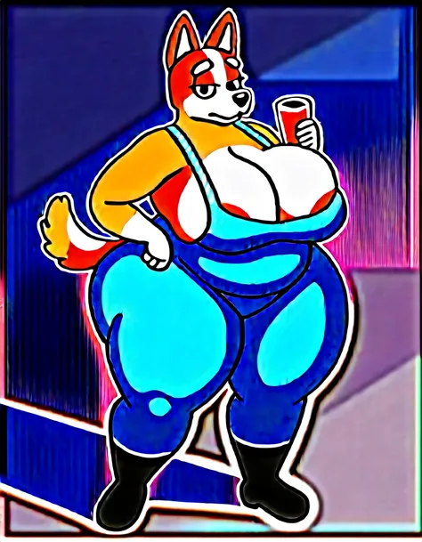 chilliheeler, eye spot, furry female, anthro, huge thighs, huge hips, huge ass, huge breasts, detailed background, obese, realistic,  detailed face, S2Z0n1c21.5XL style, shortstack, facing viewer, front view, australian cattle dog, toony, orange fur, stand...