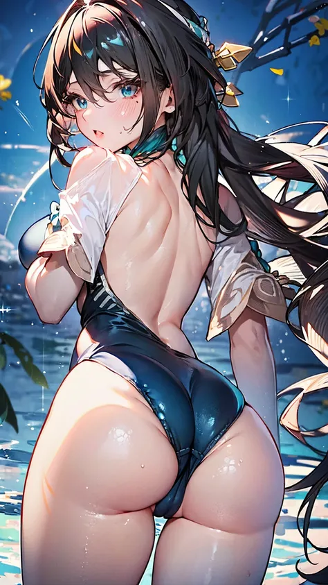 High resolution, Highest quality,  super high quality, Ultra-detailed, Cinematic lighting、(四つん這いのButt:1.5)、squat、woman 、(White school swimsuit:1.5)、Long Hair、Black Hair、Emerald eyes、Beautiful Skin、Beautiful Face、Embarrassing、Beautiful Eyes、Sweaty、Sweat、But...