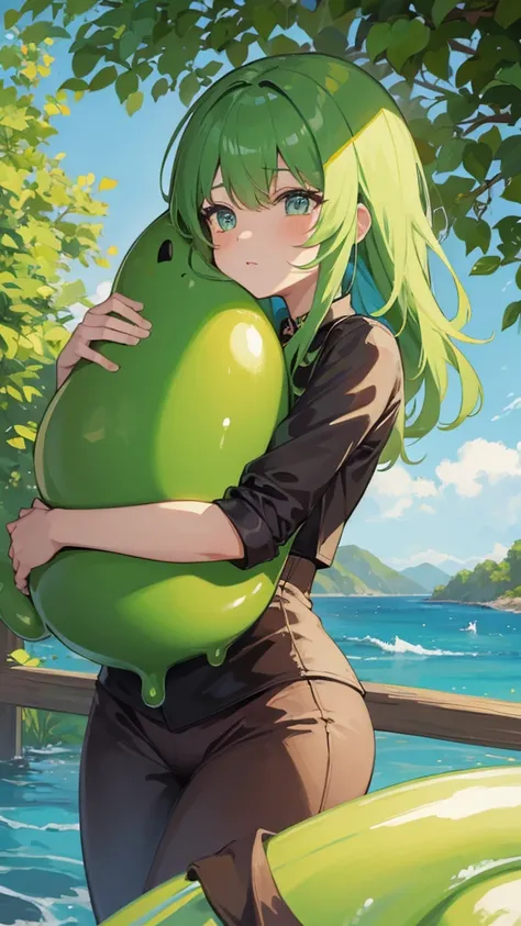 giant slime girl,hugging cute little boy