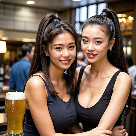 (Far-reaching:1.5),(super High Ponytail),forehead,realistic,sfw,beautiful thai woman,smile, tank top,huge breast:1.3,London pub,beer,fish and chips,(slim waist),beautiful skin,