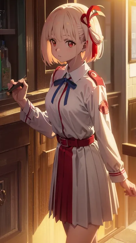 chisatonishikigi, nishikigi chisato, short hair, bangs, blonde hair, (red eyes:1.5), hair ribbon, one side up, bob cut, BREAK shirt, long sleeves, dress, ribbon, white shirt, collared shirt, belt, neck ribbon, red dress, blue ribbon, pleated dress, grey dr...