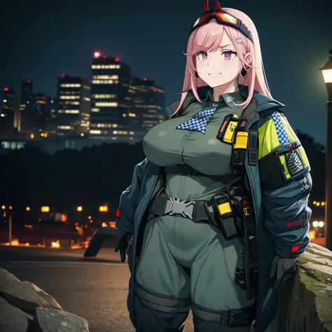 A woman wearing a black military shirt, with military camouflage, long sleeves, cargo pants with military camouflage, green arm band, pink hair, long hair, hot pink eyes, black boots, muscular, large breasts, at a high point of a rock, smiling, standing up...