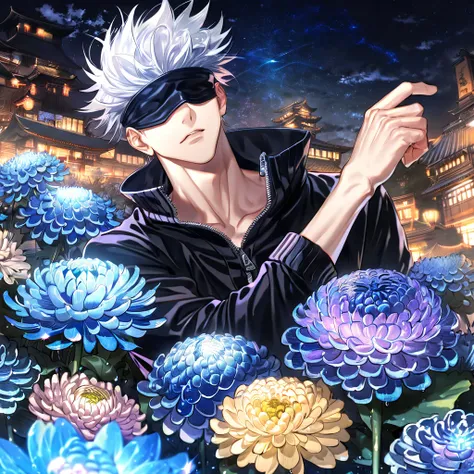 absurdres, highres, ultra detailed, HDR, master piece, best quality, extremely detailed, Gojou Satoru, white hair, blindfolded, Jujutsu Kaisen, solo, sexy man, handsome, zip-up black jacket, fantasy, water, sparkling, blue glittering fireflies, blue moon, ...