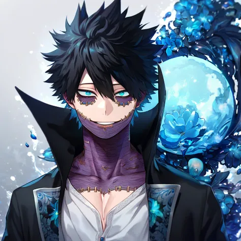 absurdres, highres, ultra detailed, HDR, master piece, Dabi, black hair, expressive turquoise eyes, Boku No Hero Academia, sexy man, solo, handsome, best quality, delicate features, blue moon, blue flowers, fantasy, magical, water, blue shining fireflies, ...