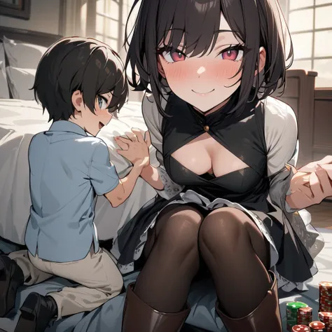 1boy, dark hair, short hair, poker face, pantyhose, dress, smile, boots, looking at viewer, sitting, bed, masterpiece, best quality, highres, nice hands, perfect hands, shota, 