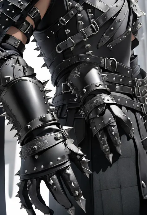 gauntlets that are made of black & grey steel with metal spikes on the back of the hand