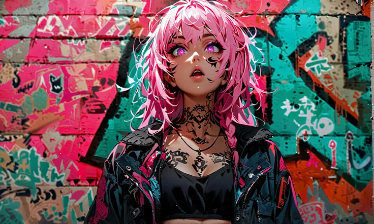 From below、Playing the guitar、Performance、Step Piece, Best Quality, Best Illustration, Ultra-detailed,girl, pinkrose long hair, crazy baddie girl, Cool Black Open Short Jacket, neck tattoo, Messy Fade Cut Hair, Side braided hair,Crazy, standing with an eer...