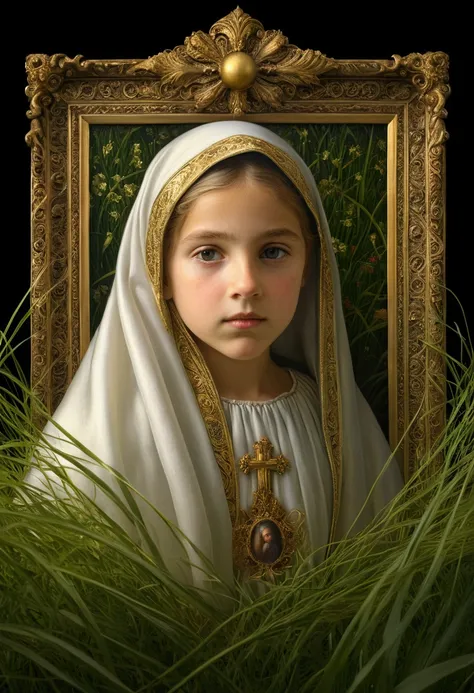 a 12 year old girl, veiled, saint, santa, in a lush grass field, detailed italian renaissance style religious painting, ornate gilded frame, dramatic chiaroscuro lighting, highly detailed, photorealistic, 8k, masterpiece