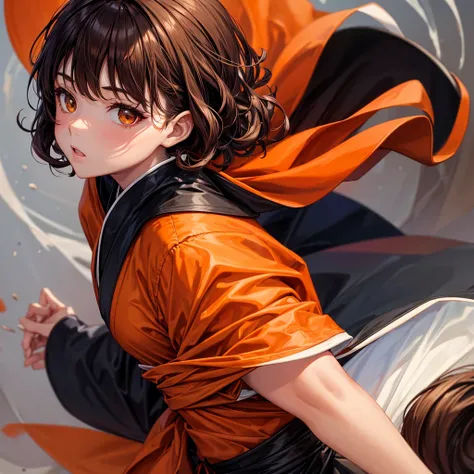 "comics demon slyar palette" girl with brown almond eyes and oval face , short curly brown hair, dressed in a black kimono and an orange blanket