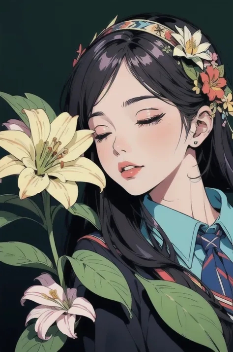 ((Art Deco,Botanical Art,Flower Art)),(Floral:1.2),Lily flower,
(masterpiece, Highest quality),(Vibrant colors,colorful),(Amazing details,Detailed Background),

Lie,Two Girls:1.4,profile,
(school uniform:1.5), pillow,close your eyes,Sleeping,Line Anime