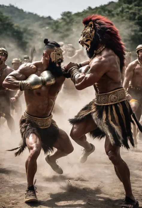 Video of muscular warriors with lion faces fighting