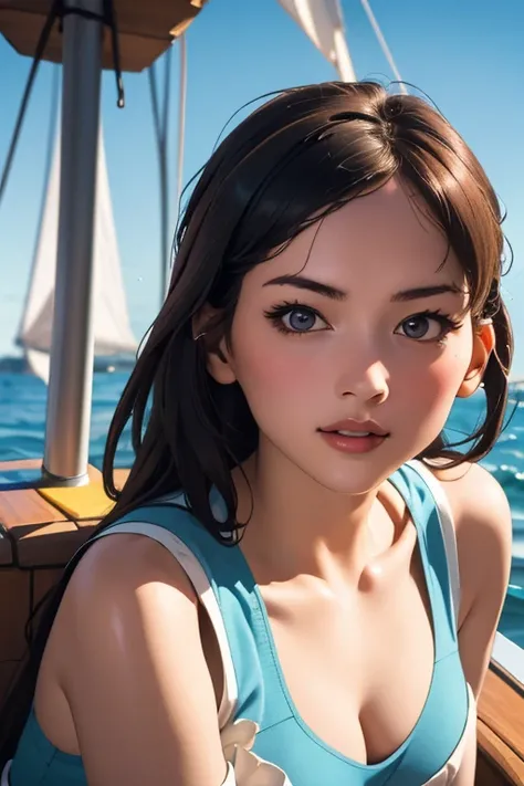 （Highest quality), (High detail), (Vibrant colors), (One girl), A cute female pirate sailing the high seas, High resolution, 4K, From head to toe,