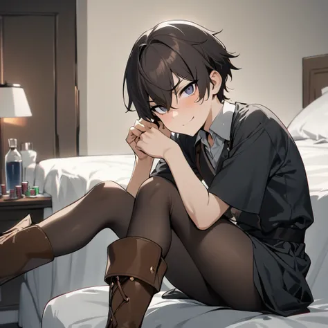 1boy, dark hair, short hair, shota, poker face, flat expression, no expression, pantyhose, dress, smile, boots, looking at viewer, sitting, bed, masterpiece, best quality, highres, nice hands, perfect hands,