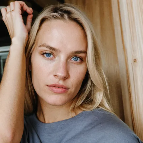 Photograph, photo of a beautiful woman, Selfie, haut du corps, bare, porter un sweat à capuche, inside a restaurant, (nuit), joyeux, blissful, blond hair, blue eye, finlandais, regarder le spectateur, Texture de la peau, grain photo, toe, bysty, amoutantet...