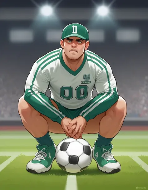 Caricature of a football player with a big head and a , wearing a green football uniform with the number 17 on the front and the football federation logo on the left chest. The player stands in a slightly crouched position with his hands clasped at his sid...