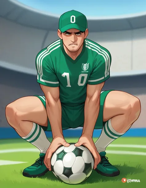 Caricature of a football player with a big head and a , wearing a green football uniform with the number 17 on the front and the football federation logo on the left chest. The player stands in a slightly crouched position with his hands clasped at his sid...