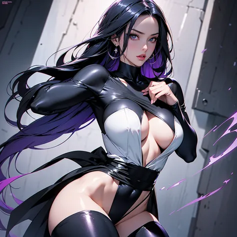 (masterpiece, intricate details, ultra high resolution) Psylocke from Marvel, depicted in an exquisitely detailed and sensual image. She is wearing a sleek black bodysuit paired with black leggings, perfectly hugging her athletic and toned figure. A purple...