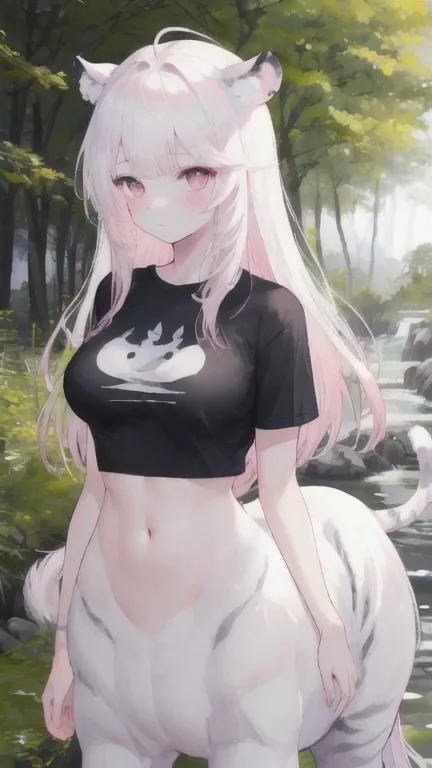 (best quality, masterpiece), 1 girl, centaur, It takes, White skin, Korean ,daughter, black pink, exposing the abdomen, belly button t-shirt , 아름다운 소녀 Perfect wild white tiger photo, Perfect wild white tiger photo