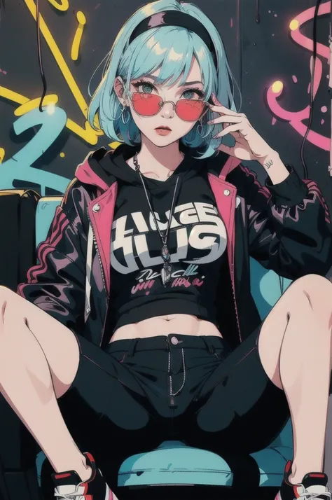 High resolution, (The finest details) (Highest quality), Alfie woman wearing sunglasses sitting on sofa chair, (((Graffiti art))), (((Trigger Studio style, Graffiti art, Rock punk, Neon color))), Carne Griffith
