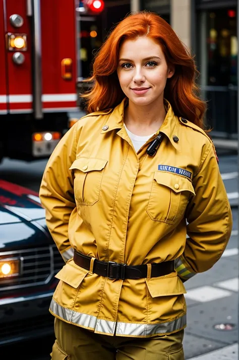 firefighter uniform, big breasts, ginger hair at new york city