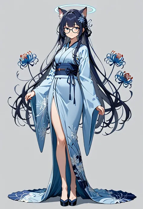 8K Ultra High-Quality, ultra-detailed, High quality, Dark Blue hair, Long hair, glasses, cat girl, blue spider lily hair pin, light blue kimono dress, blue halo, Full body, grey background 