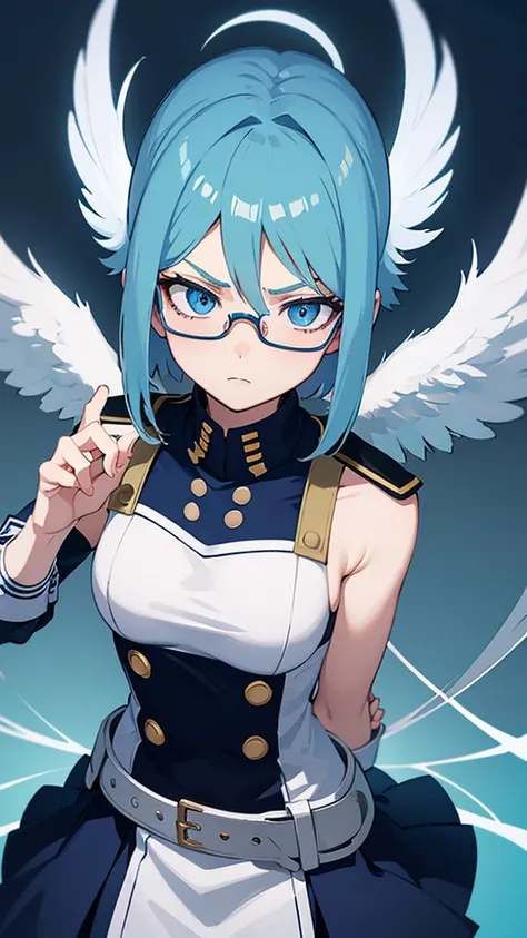 my hero academia screenshots, 16 year old teenage girl with very light blue hair, blue eyes, very pale skin, glasses, in the UA uniform, with red eagle wings on his back, serious expression looking to the side, shoulder length hair in bob cut, with volume