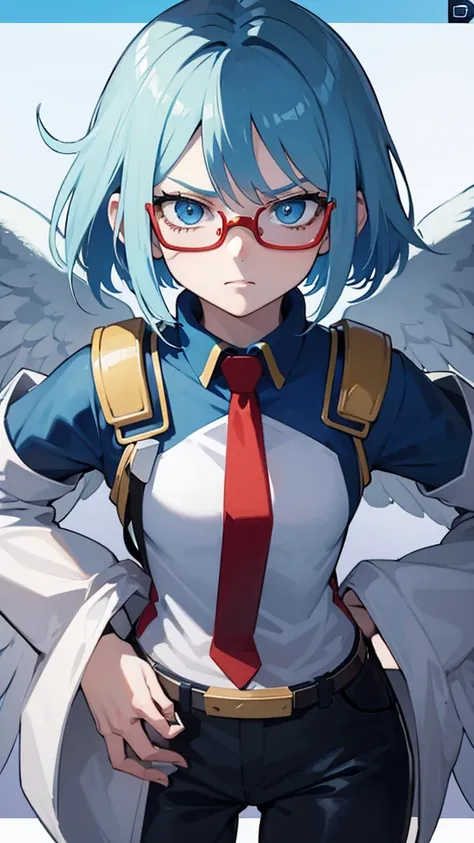 my hero academia screenshots, 16 year old teenage girl with very light blue hair, blue eyes, very pale skin, glasses, in the UA uniform, with red eagle wings on his back, serious expression looking to the side, shoulder length hair in bob cut, with volume