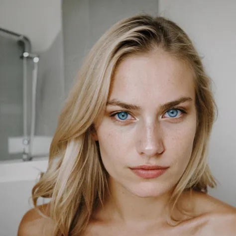 Photograph, photo of a beautiful woman, nue, inside bathroom, (nuit), joyeux, blissful, blond hair, blue eye, finlandais, regarder le spectateur, Texture de la peau, grain photo, toe, bysty, amoutanteth, Photo brute