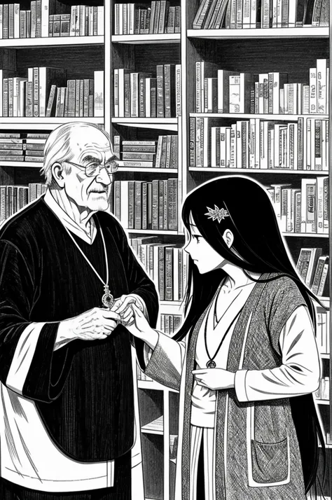 an anime girl,who has long black hair,with a bang in the middle of each oval,greeting a hunchbacked old man,old man holding an amulet in his hands,background of a bookstore,black and white manga type drawing.