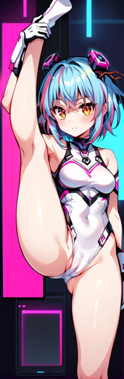 snfw,(highest quality:1.2),1 girl,alone,Are standing_Split, emikukis,(white leotard:1.2)、short hair, pink & blue hair,bangs,interface headset,hair between eyes,pixelated background,neon light,SF color scheme,Bright colors,metallic texture,detailed shading,...