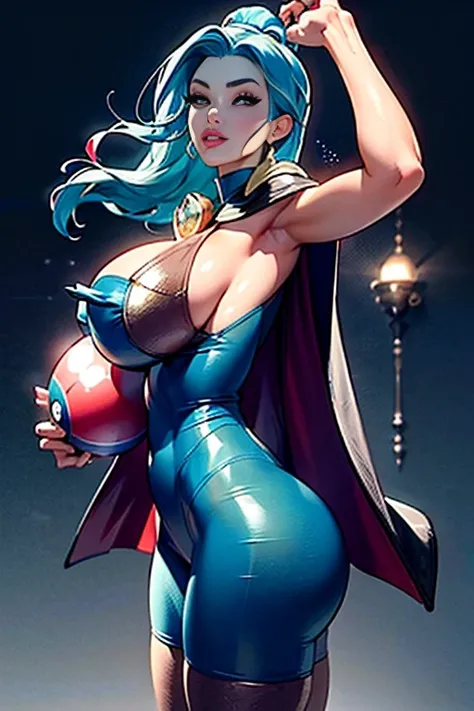 mature, older Clair, ponytail, holding a pokeball, long darkblue hair, (titanic butt, humongous hips, gigantic breasts):1.4, blue outfit, (black cape), blue tights, blue boots, gothic make up, masterpiece, ((dark lighting)), black background, (((puffy lips...